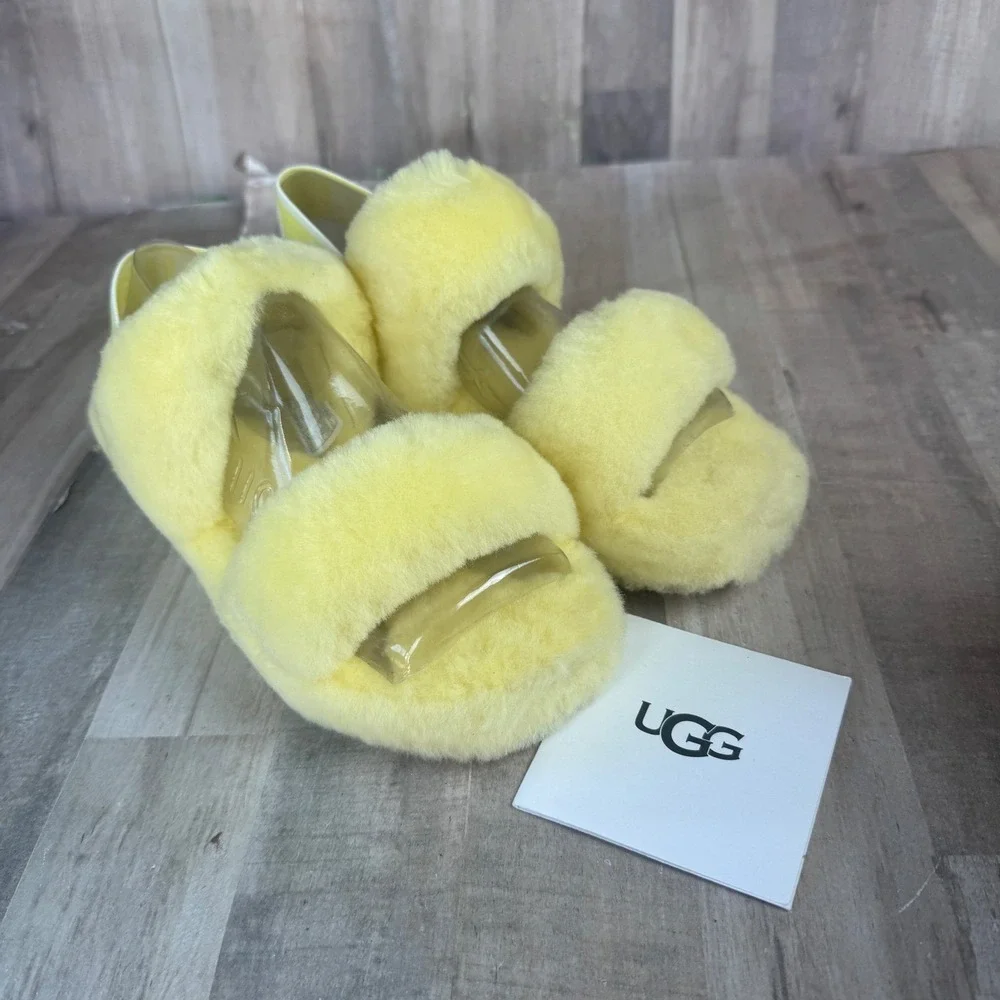 NEW UGG OH Yeah Youth 5 Yellow Slippers Real Lamb Fur NO BOX
